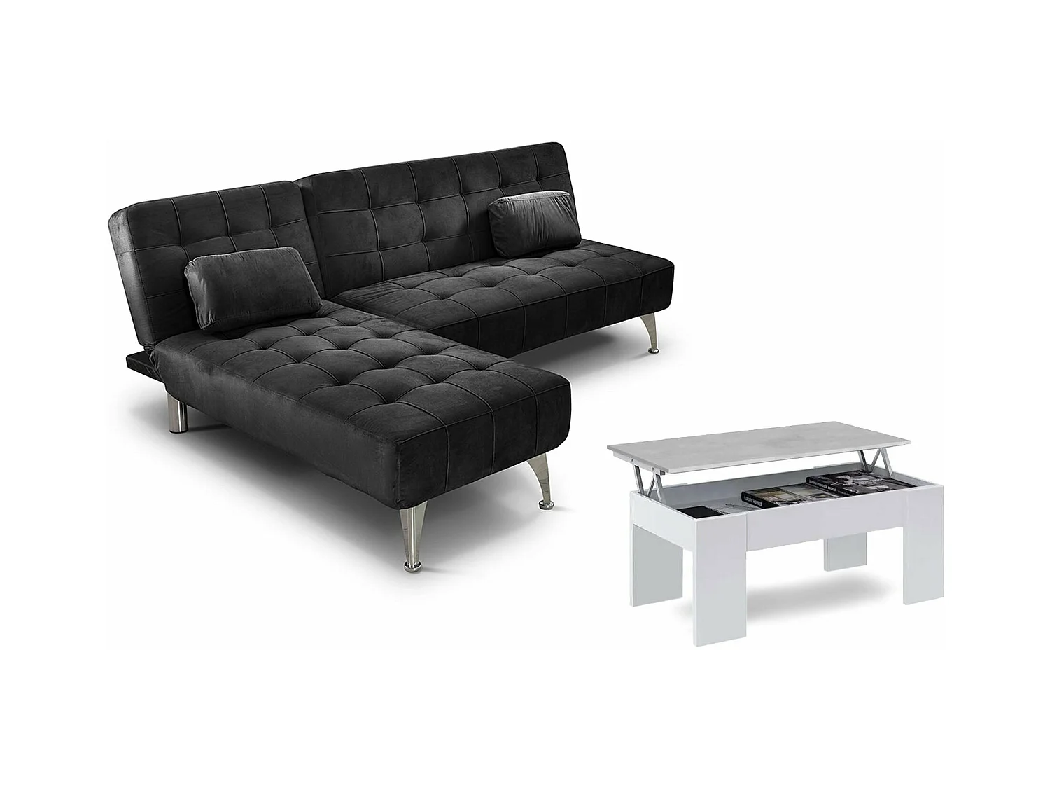 Oferta: Sofá-Cama Chaise Longue XS Preto + Mesa de Centro Branco e Cimento