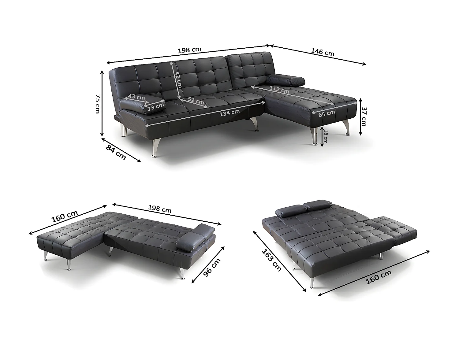 Oferta: Sofa Cama Chaise Longue XS Negro + Mesa de Centro Blanco y Cemento