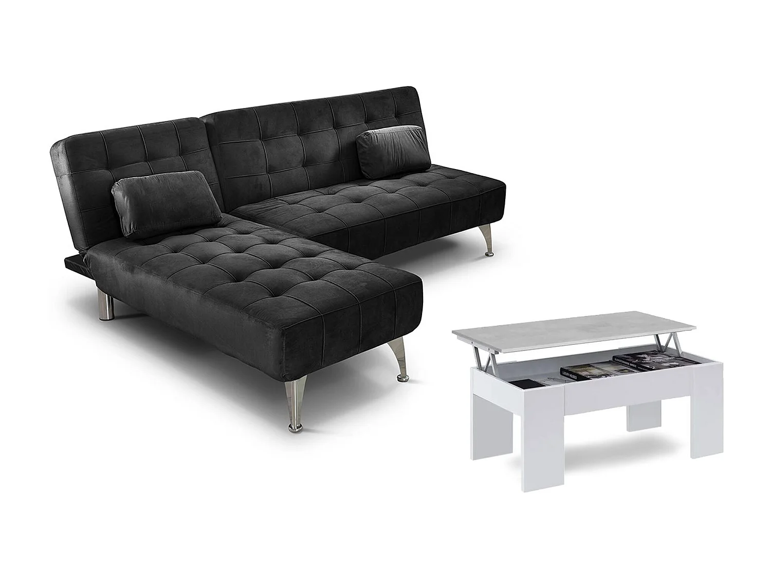 Oferta: Sofá-Cama Chaise Longue XS Preto + Mesa de Centro Branco e Cimento