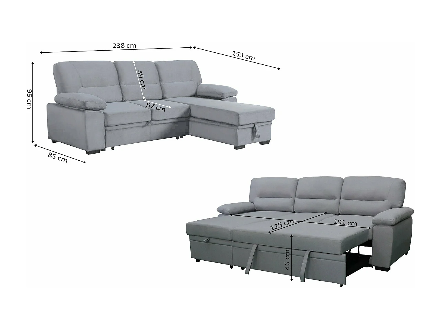 Sofa Cama Chaise Longue Emma 238cm Gris