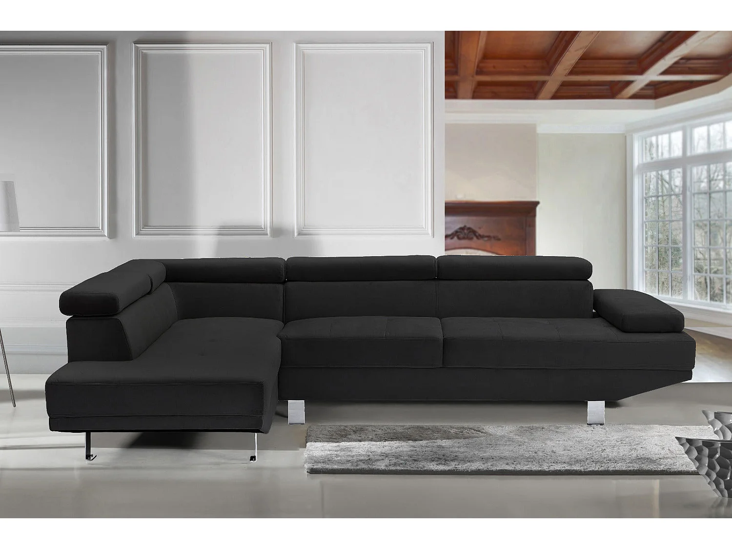 Sofá de Canto Chaise Longue New Daniela 254cm Preto, Chaise Direita