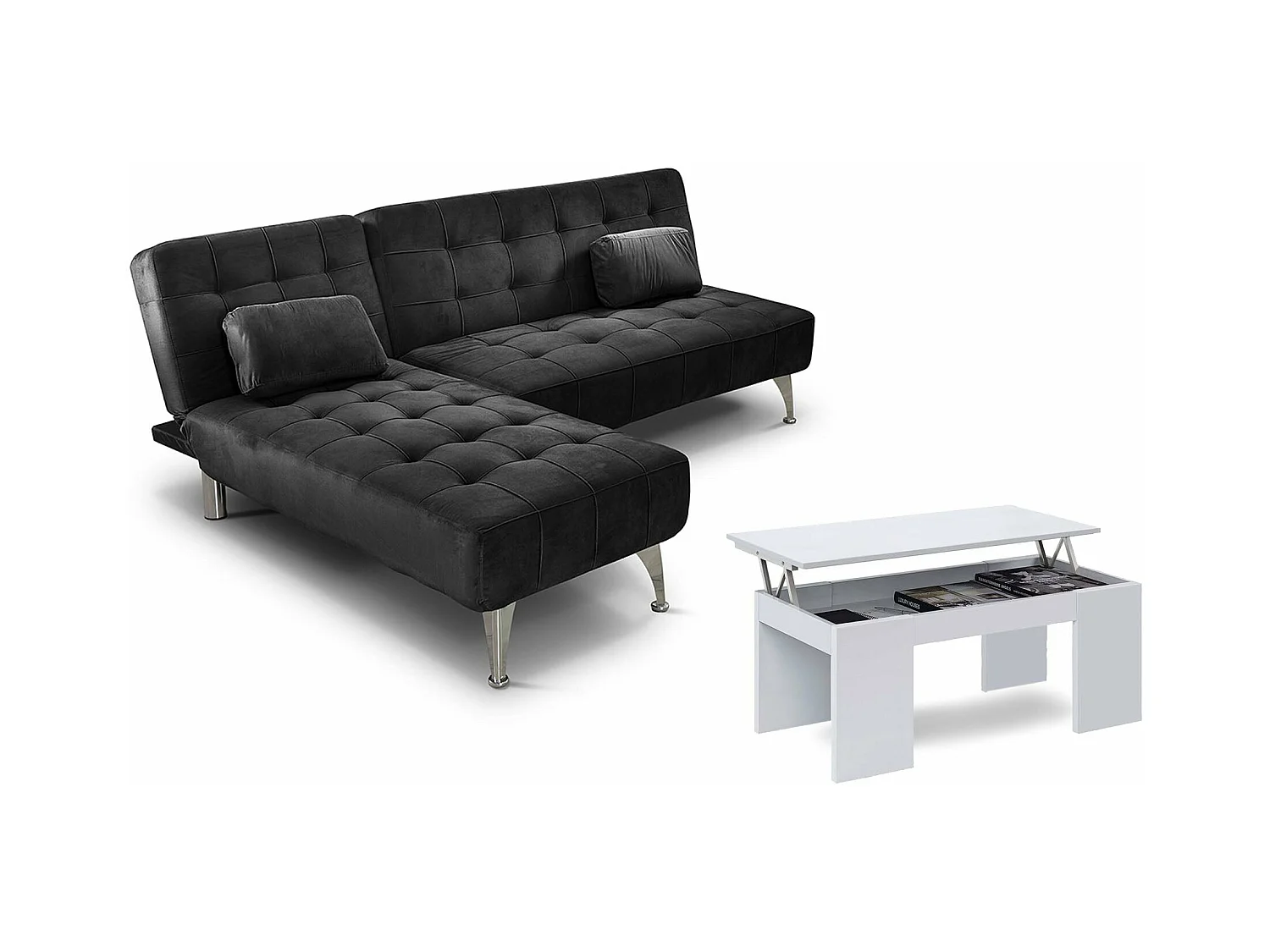 Oferta: Sofa Cama Chaise Longue XS Gris + Mesa de Centro Blanco