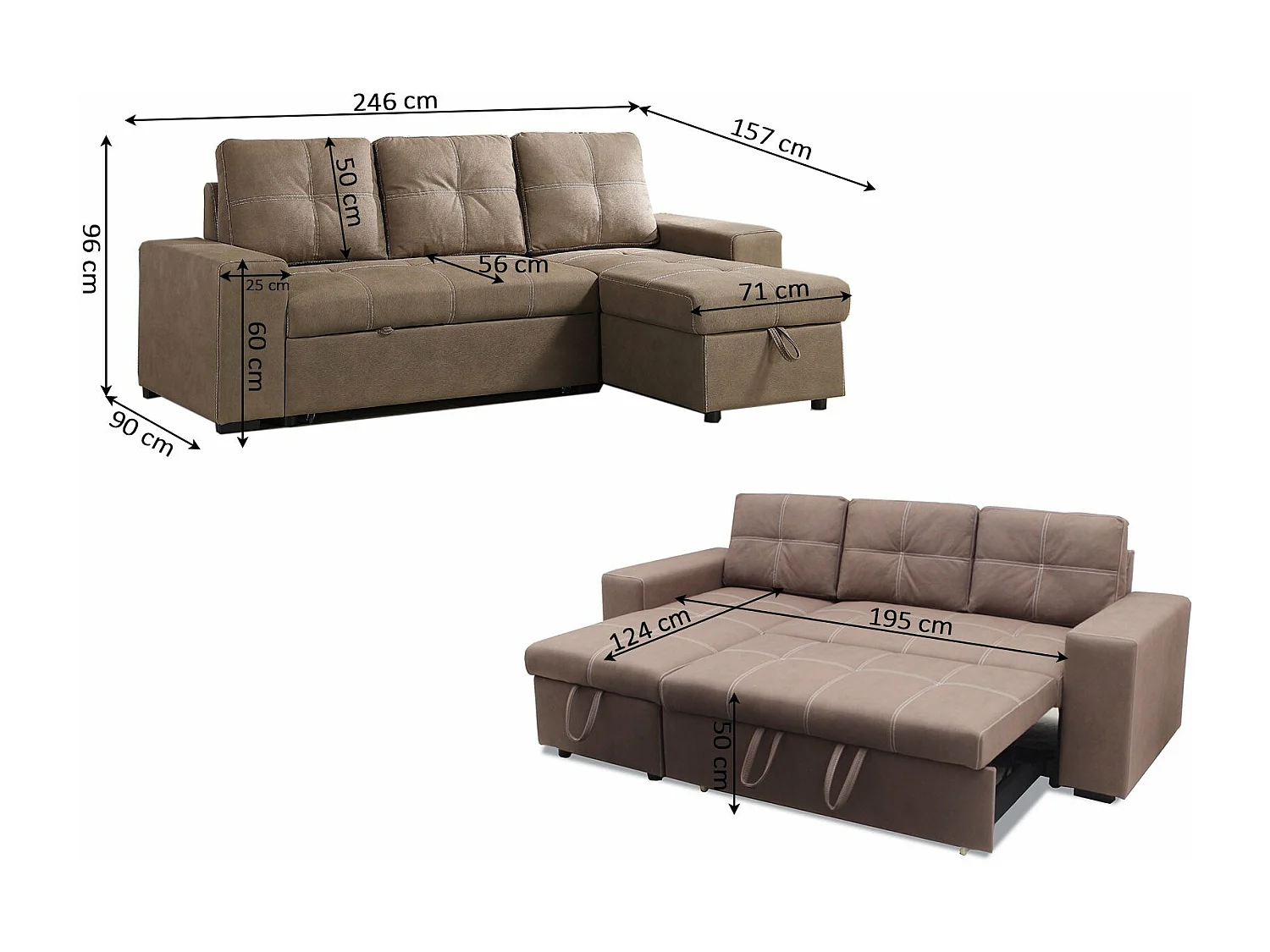 Sofá-Cama Chaise Longue Flex, Bege 246cm