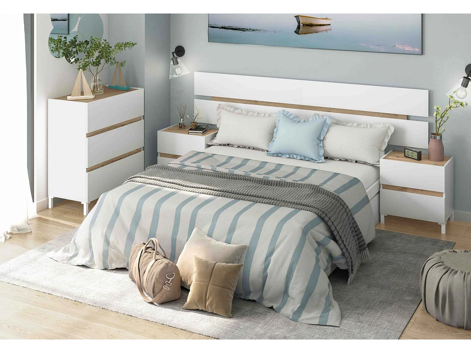 Cabeceira de Cama Tempus. Cabeceira + 2 Mesas, Branco e Carvalho 260x100cm