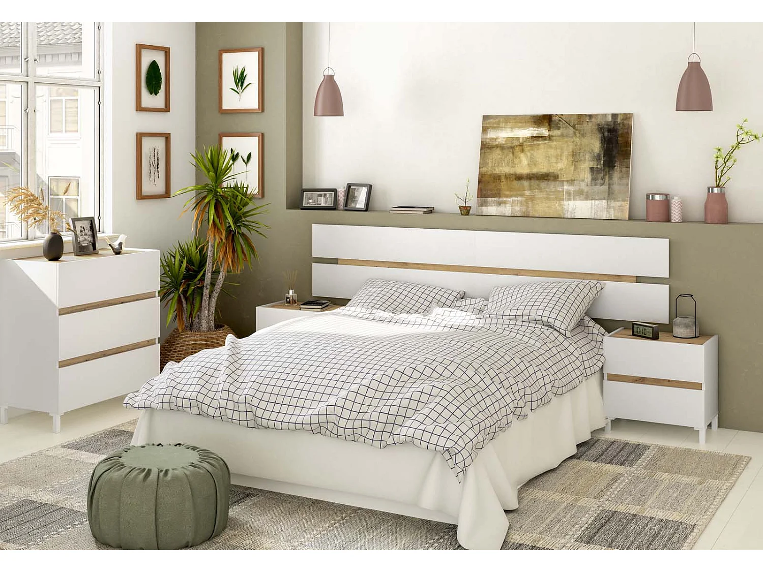 Cabeceira de Cama Tempus. Cabeceira + 2 Mesas, Branco e Carvalho 260x100cm