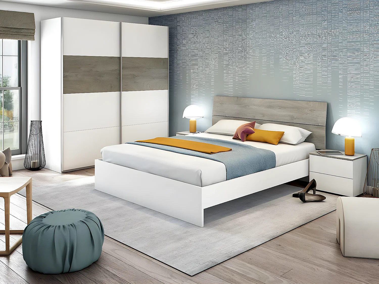 Cabeceira de Cama New Dreams. Cabeceira + 2 Mesas, Branco e Carvalho 256x96cm