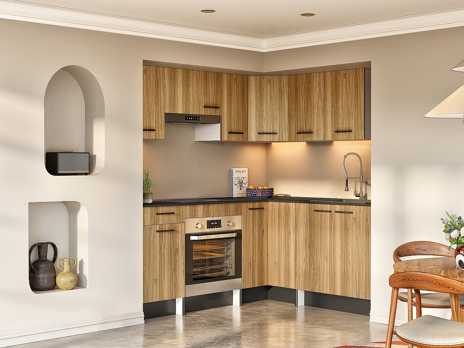 Cozinha completa de canto com plano de trabalho 356 cm natural e preto - TRATTORIA