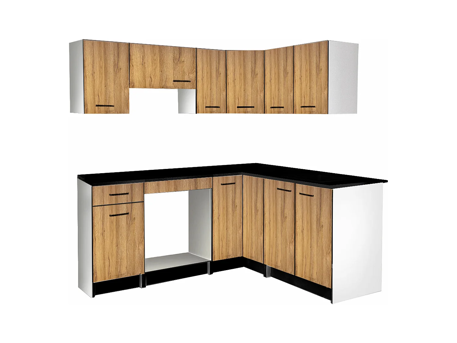 Cozinha completa de canto com plano de trabalho 356 cm natural e preto - TRATTORIA