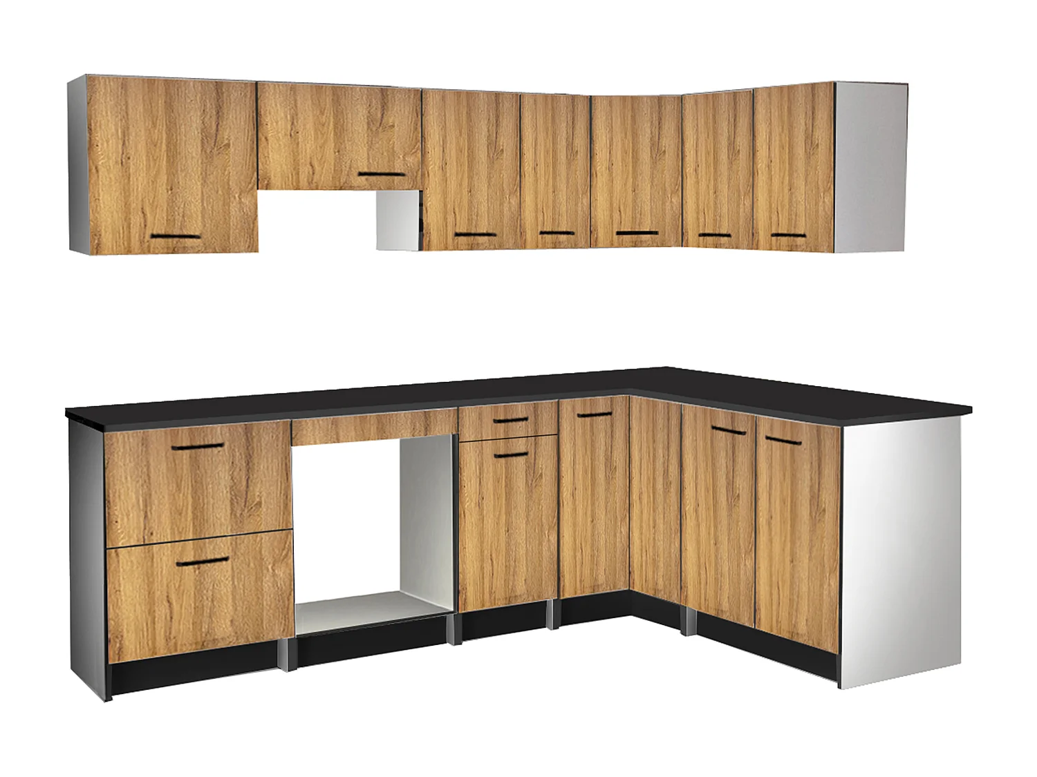 Cozinha completa de canto com plano de trabalho 416 cm natural e preto - TRATTORIA