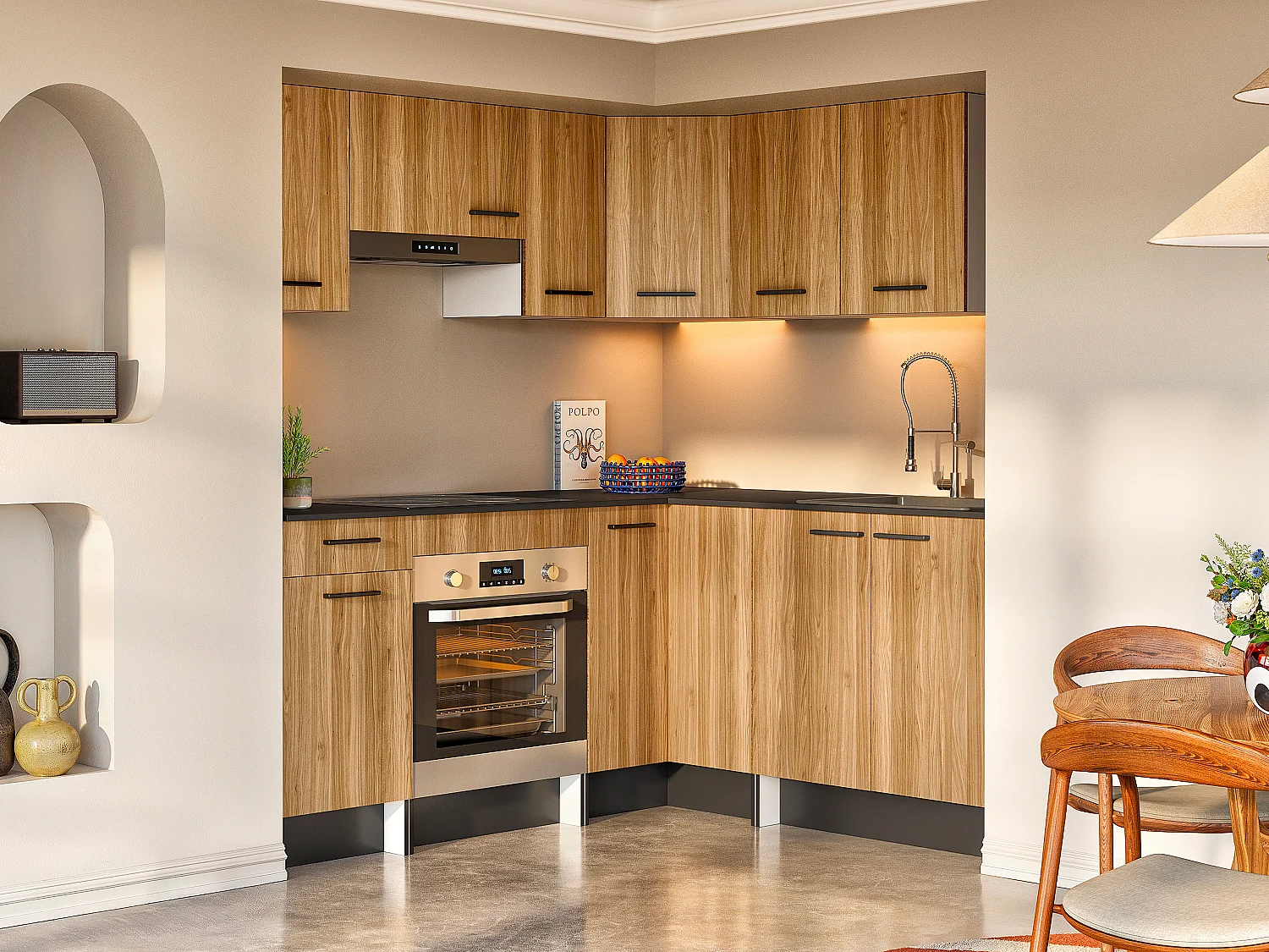 Cozinha completa de canto com plano de trabalho 416 cm natural e preto - TRATTORIA