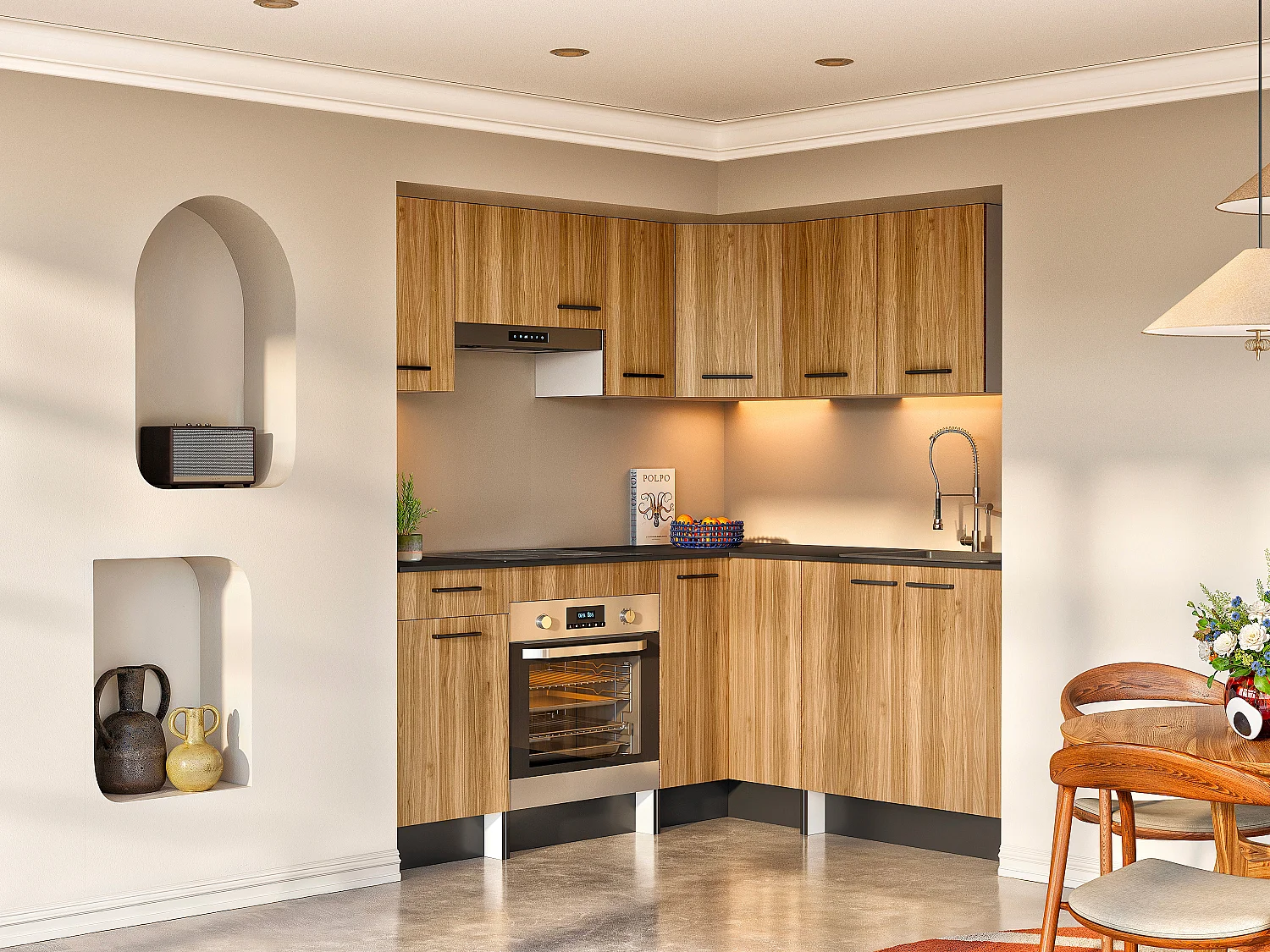 Cozinha completa de canto com plano de trabalho 416 cm natural e preto - TRATTORIA