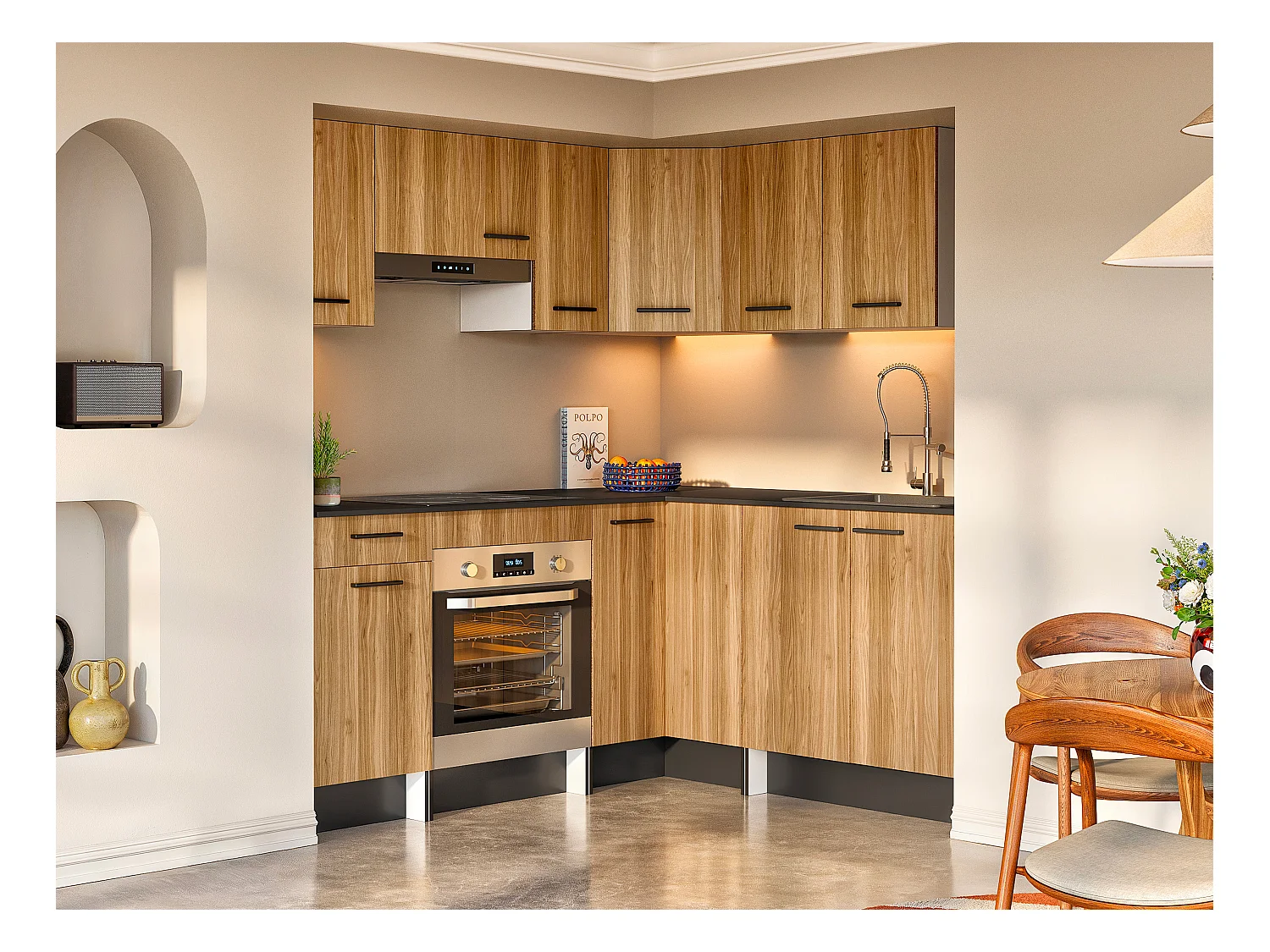 Cozinha completa de canto com plano de trabalho 416 cm natural e preto - TRATTORIA