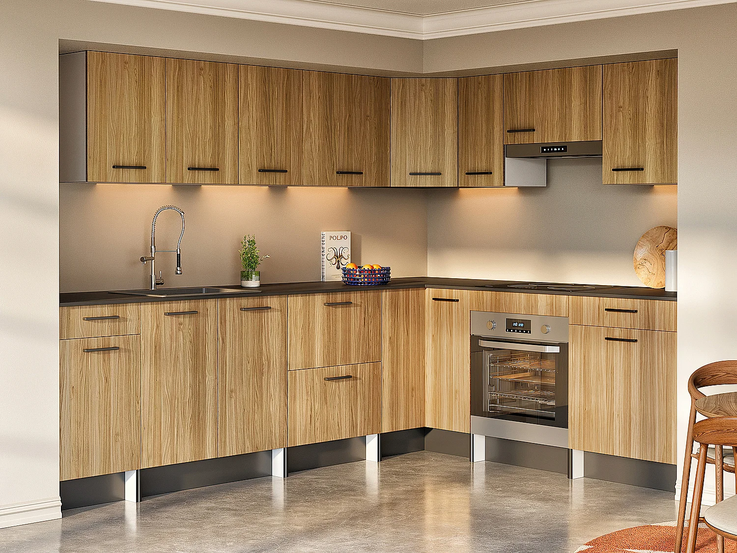 Cozinha completa de canto com plano de trabalho 476 cm natural e preto - TRATTORIA