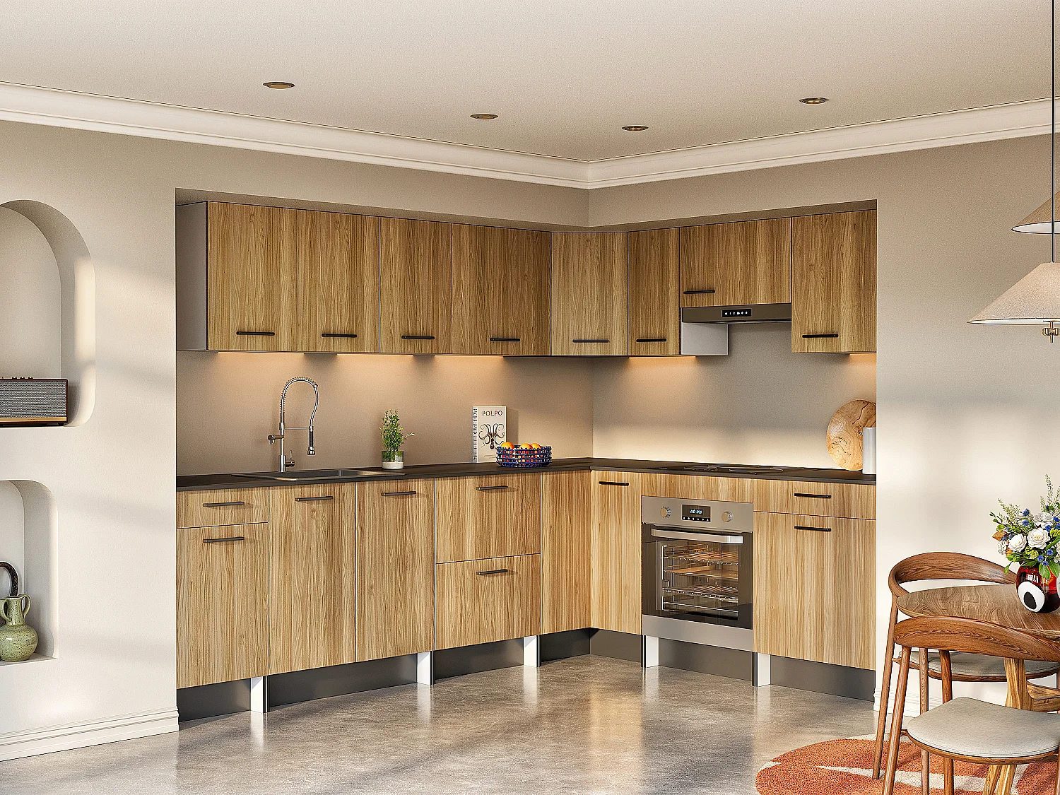 Cozinha completa de canto com plano de trabalho 476 cm natural e preto - TRATTORIA