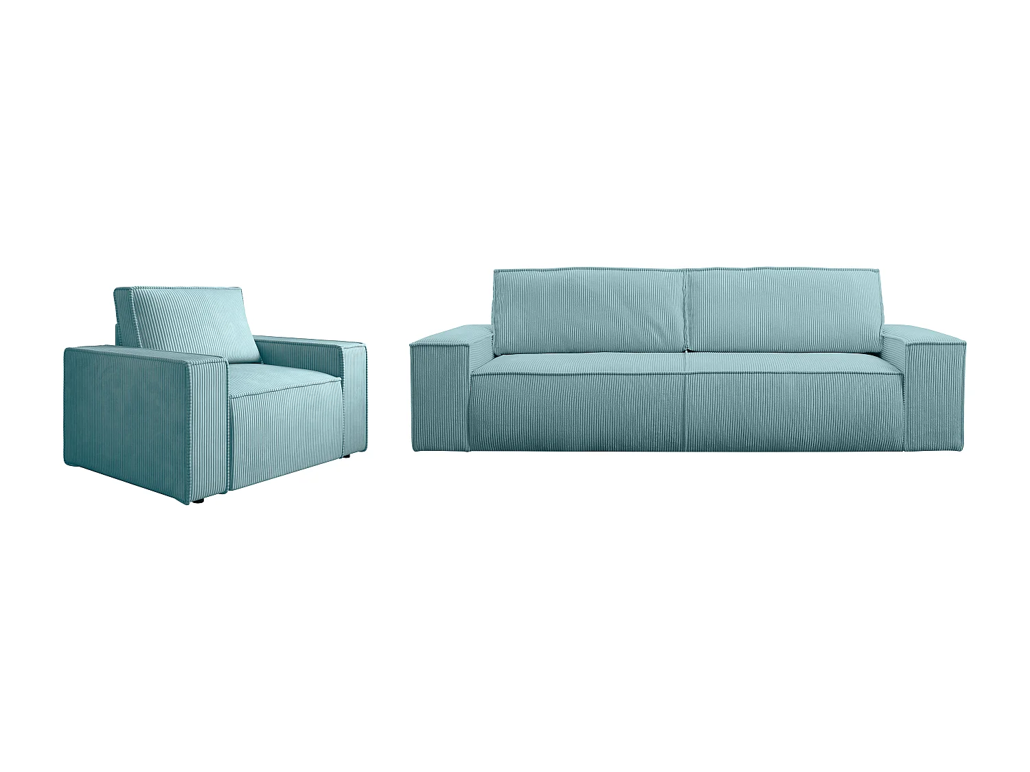 Canapé 4 places convertible et fauteuil en velours côtelé bleu turquoise AMELIA