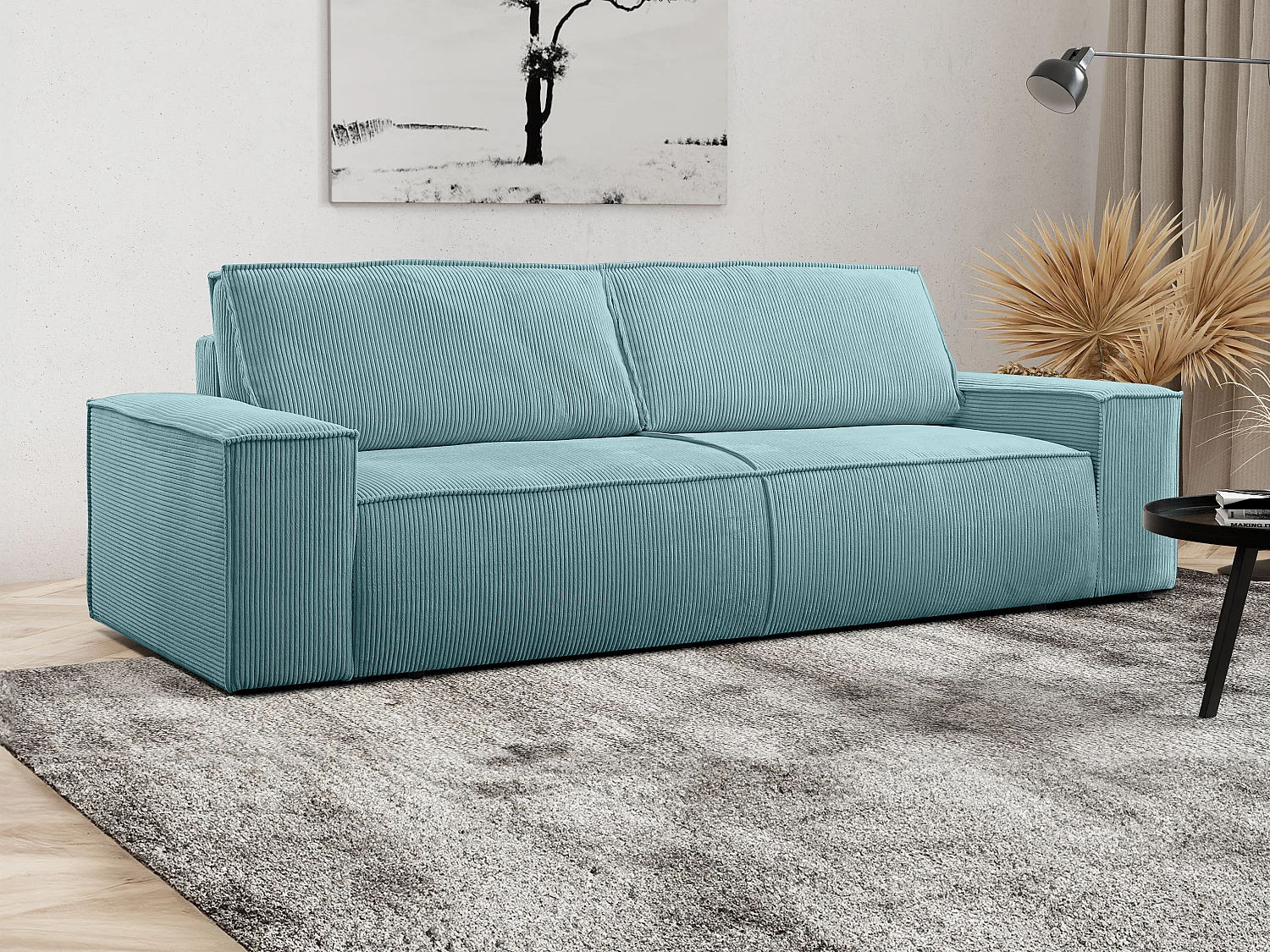 Canapé 4 places convertible et fauteuil en velours côtelé bleu turquoise AMELIA
