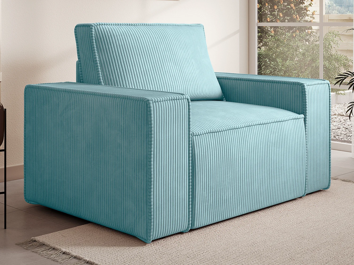 Canapé 4 places convertible et fauteuil en velours côtelé bleu turquoise AMELIA