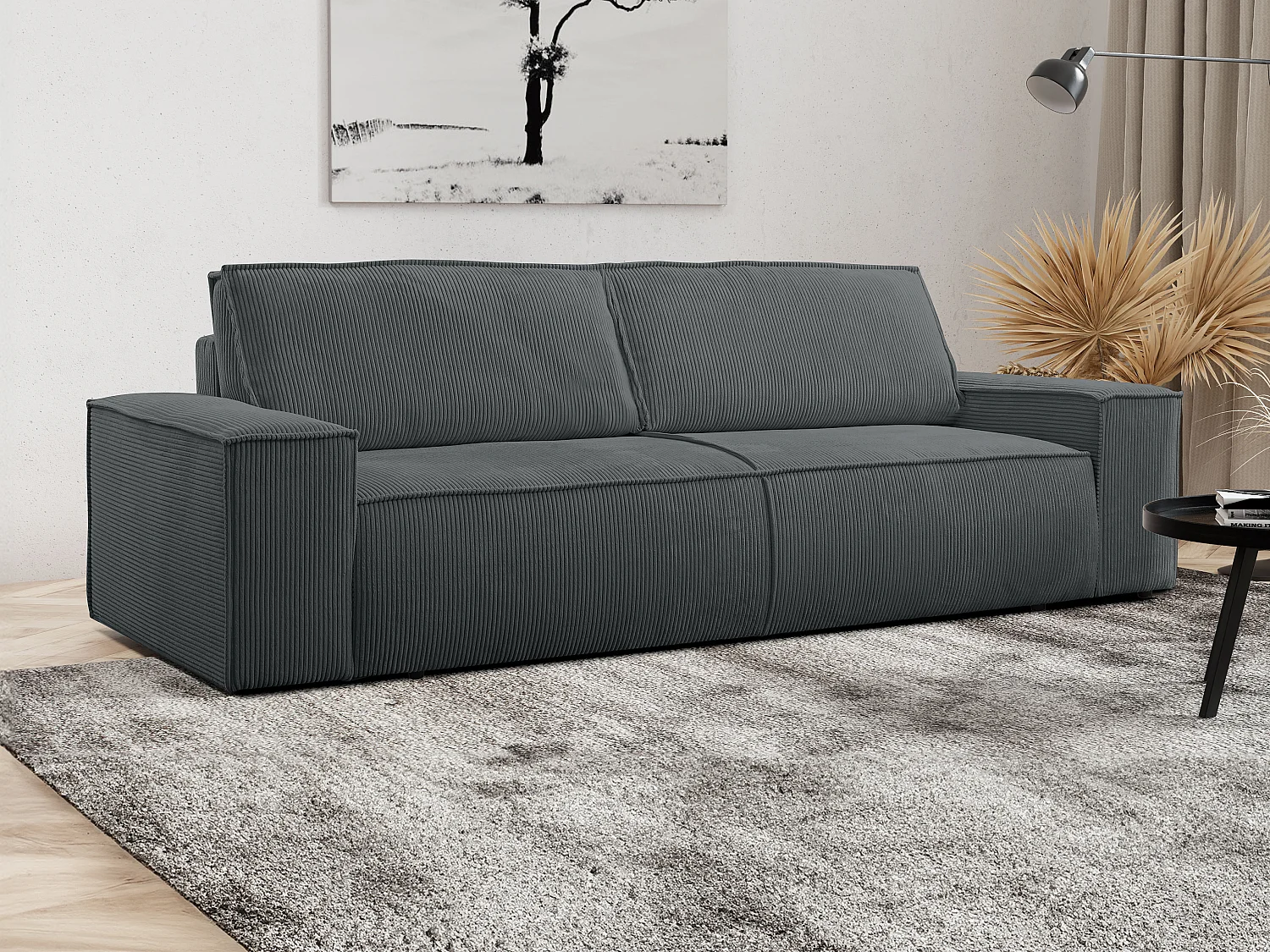 Canapé 4 places convertible et fauteuil en velours côtelé gris anthracite AMELIA