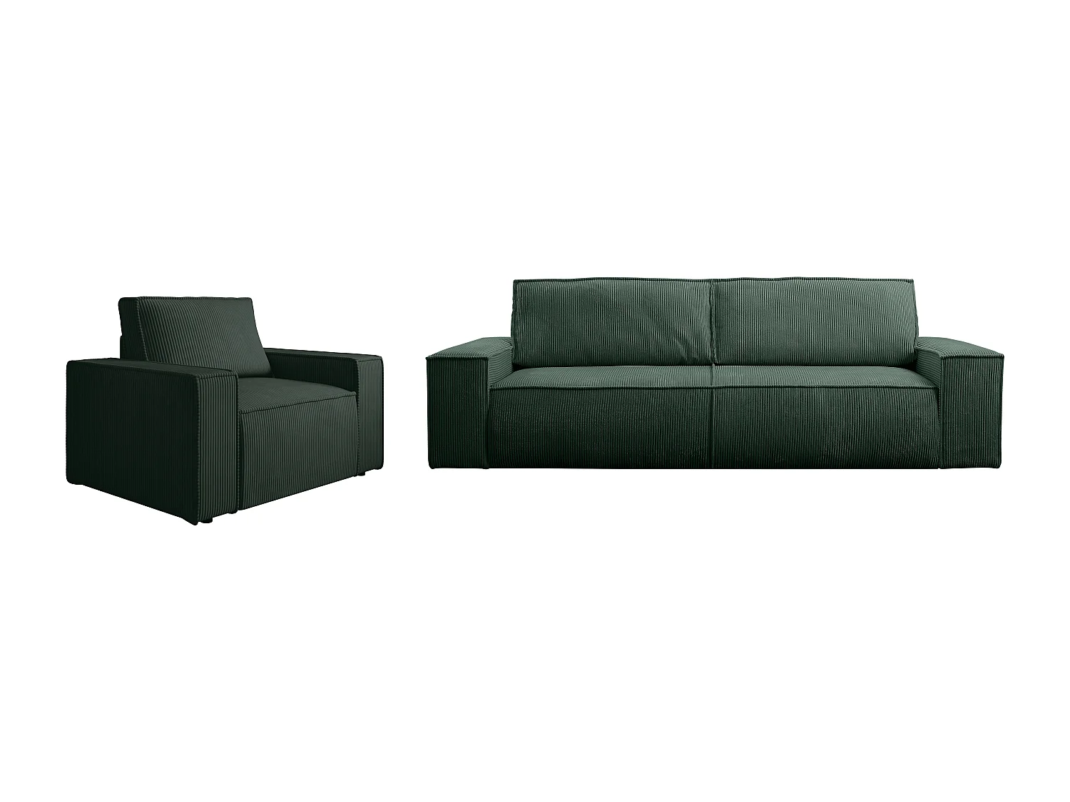 Canapé 4 places convertible et fauteuil en velours côtelé vert sapin AMELIA