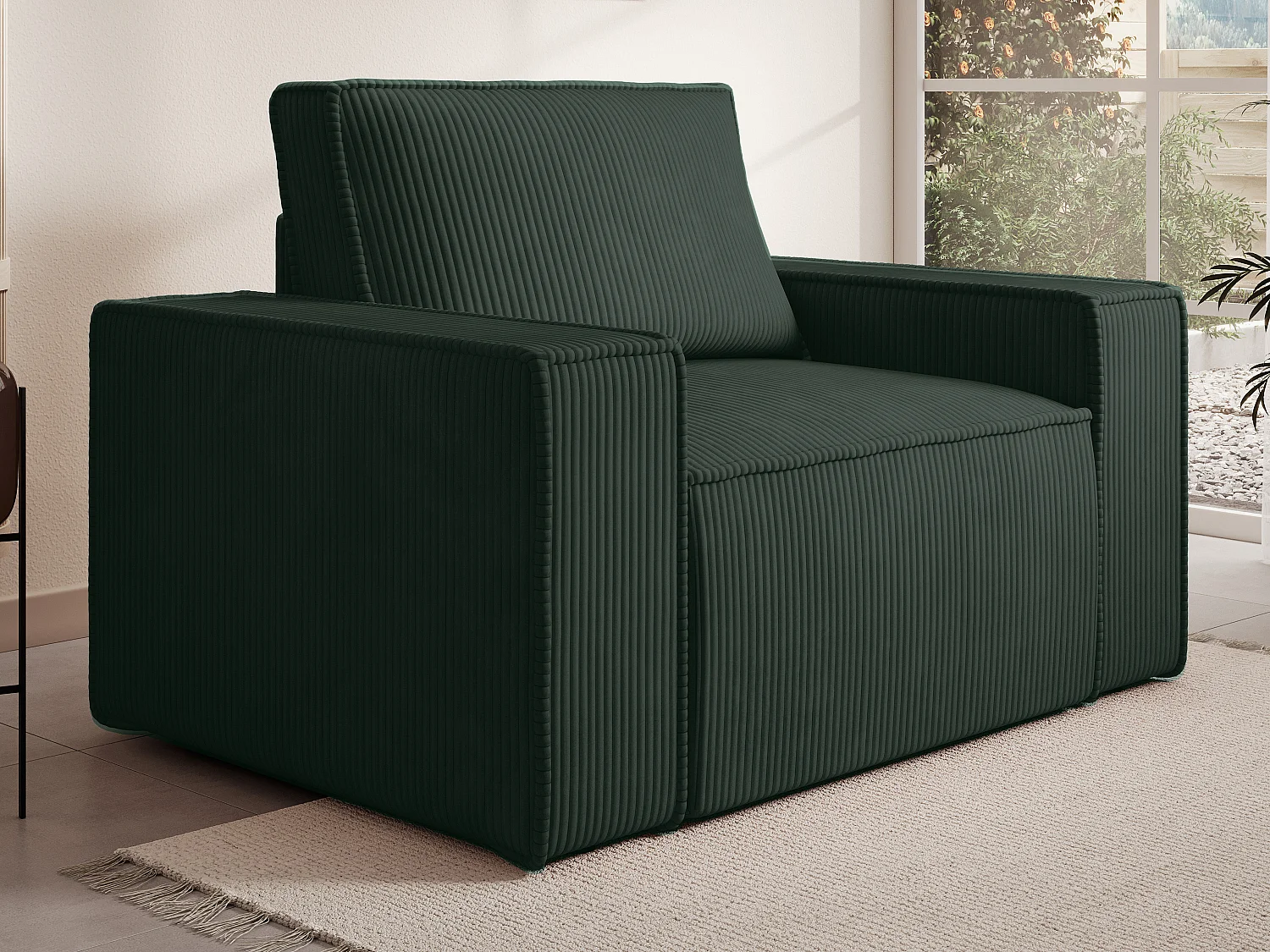 Canapé 4 places convertible et fauteuil en velours côtelé vert sapin AMELIA