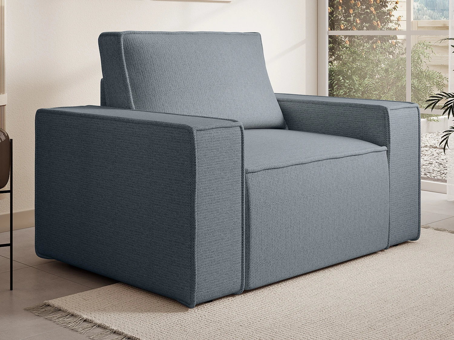 Canapé 4 places convertible et fauteuil en tissu texturé bleu AMELIA
