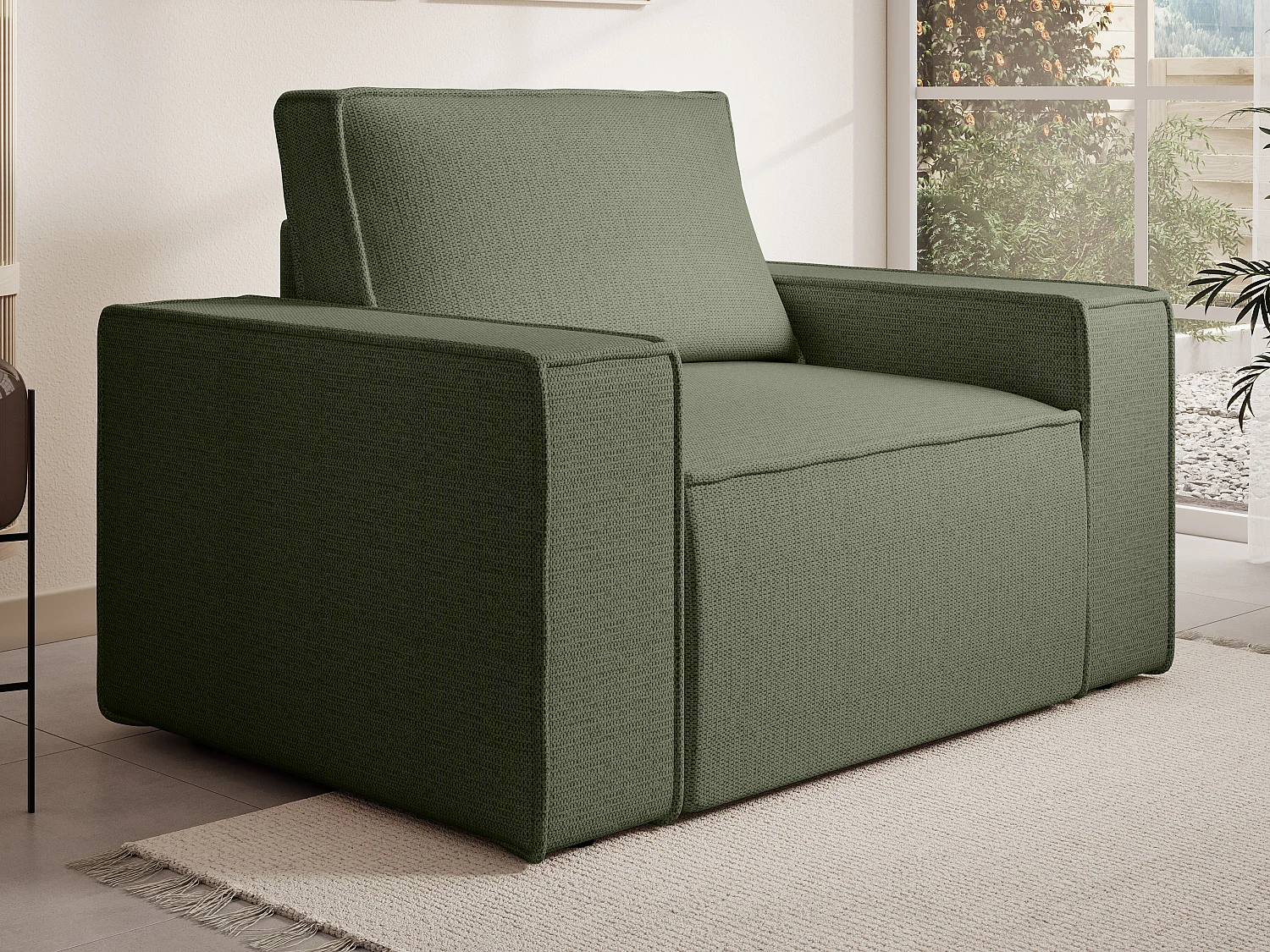 Canapé 4 places convertible et fauteuil en tissu texturé vert AMELIA