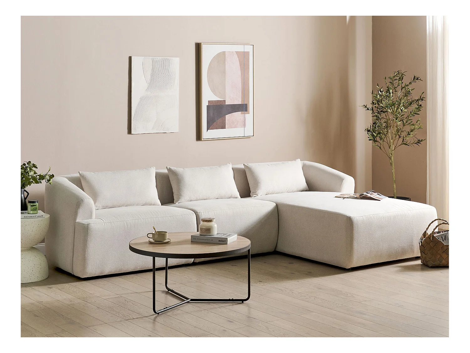 Canapé Angle droite Design Minimaliste Moderne 3 Places avec Coussins 3 places en Tissu Rembourré Beige Svansele