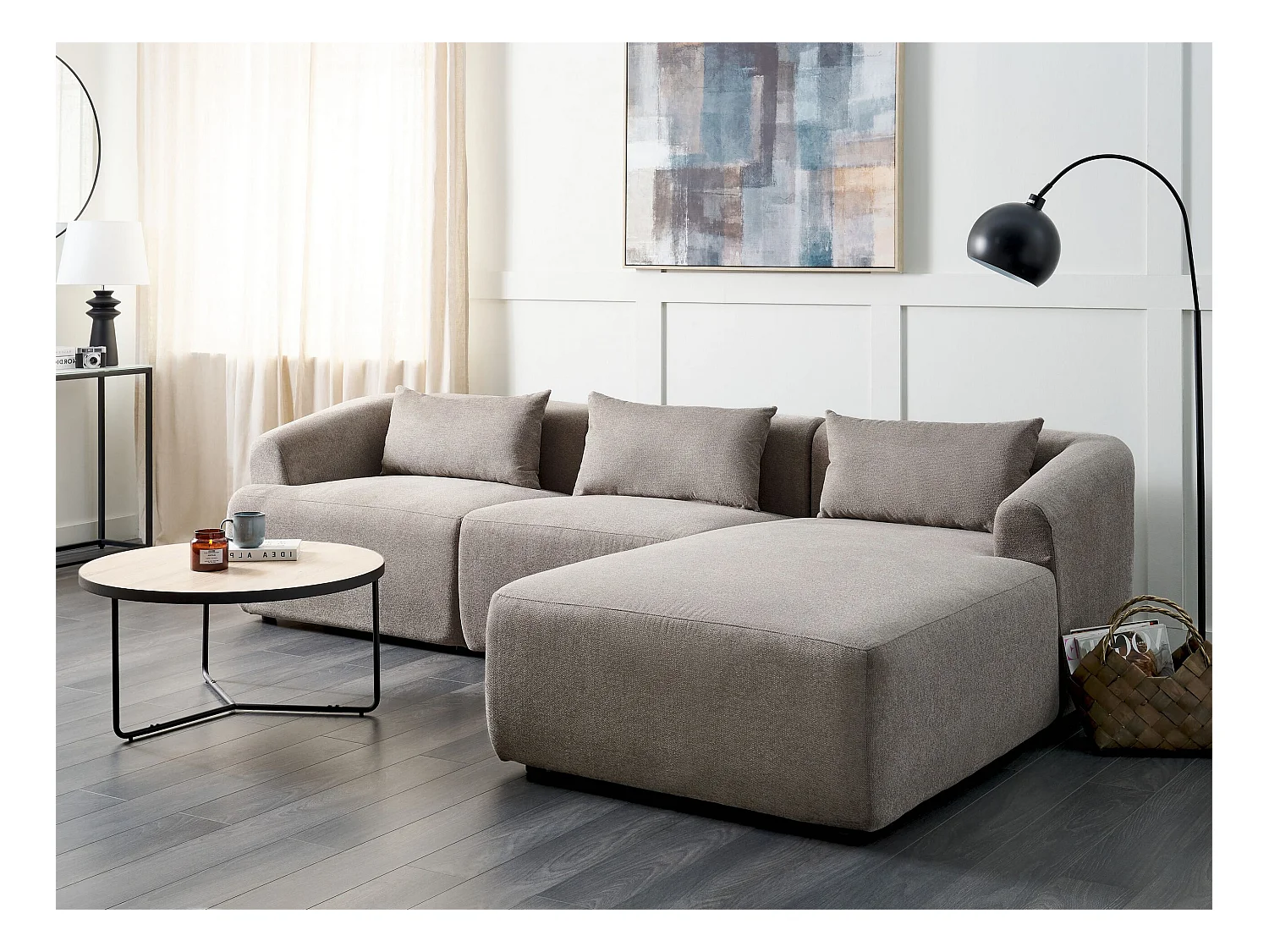 Canapé Angle droite Design Minimaliste Moderne 3 Places avec Coussins 3 places en Tissu Rembourré Taupe Svansele