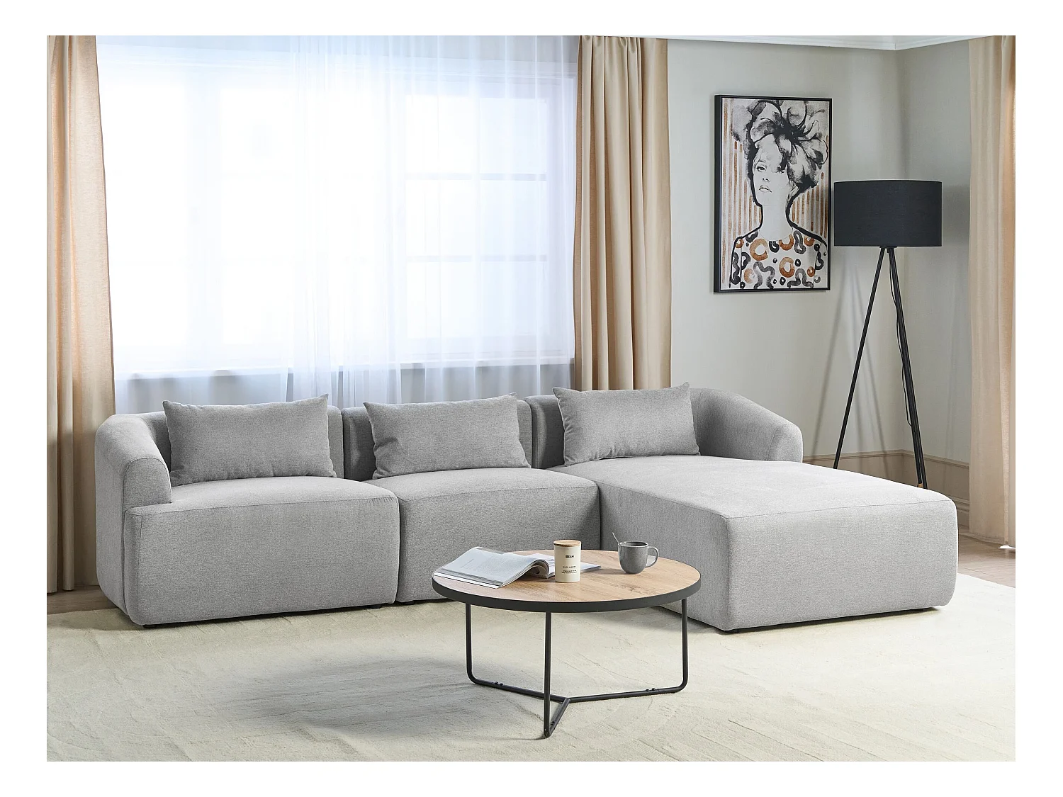 Canapé Angle droite Design Minimaliste Moderne 3 Places avec Coussins 3 places en Tissu Rembourré Gris Svansele