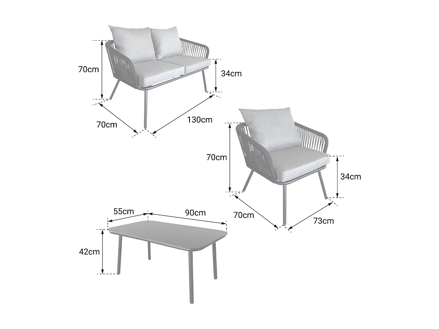Conjunto de móveis de corda OUVÉA cinzento claro para jardim - 4 lugares