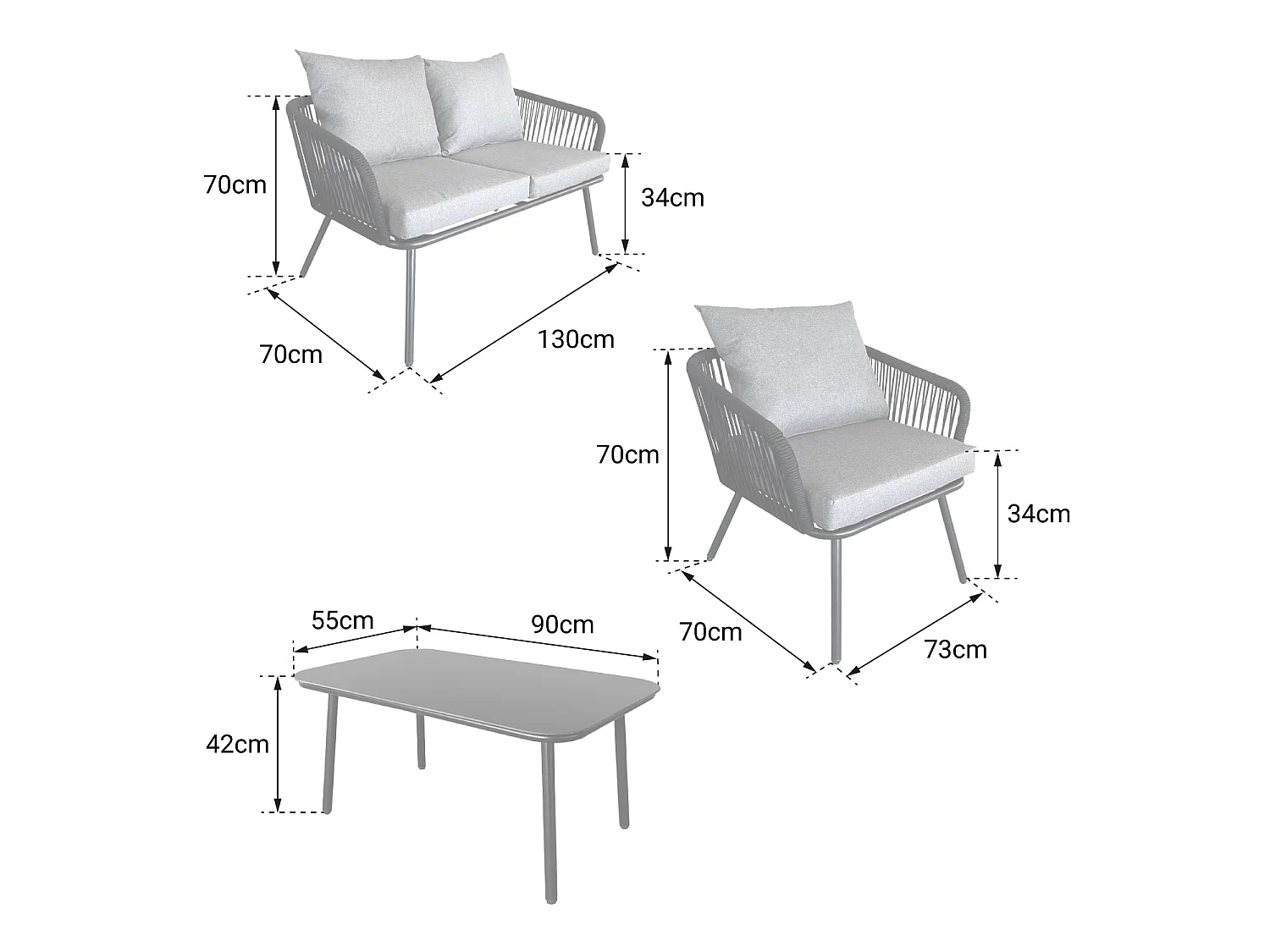 Conjunto de móveis de corda OUVÉA cinzento claro para jardim - 4 lugares