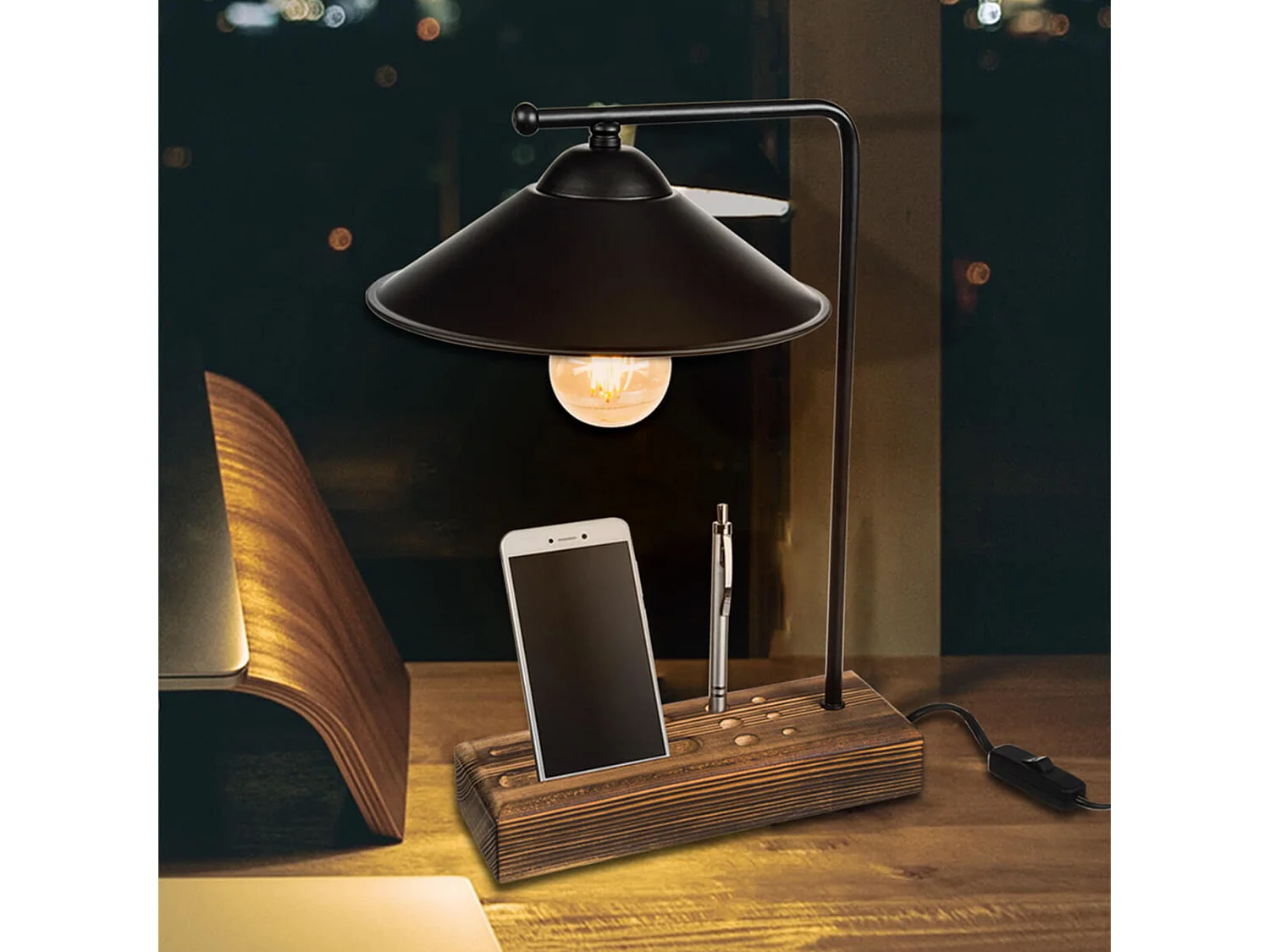 Lampe de bureau Folkestone en bois métal ABS 38 cm E27 noir / bois [lux.pro]