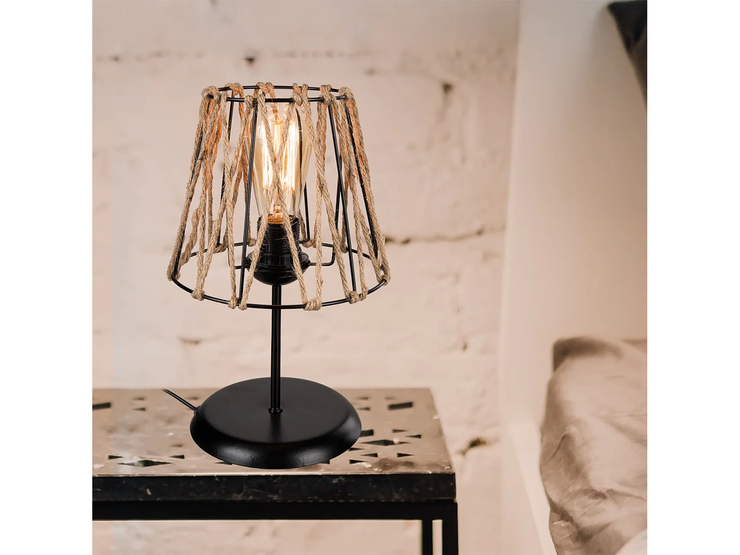 Lampe de bureau Esher en métal et corde de jute 33 cm E27 noir / naturel [lux.pro]