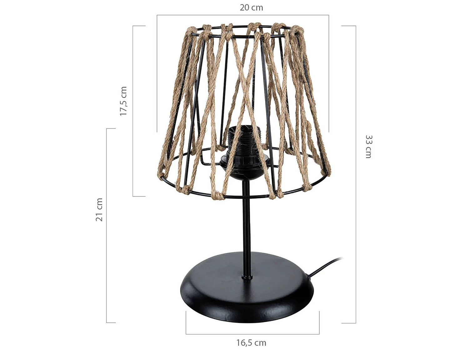 Lampe de bureau Esher en métal et corde de jute 33 cm E27 noir / naturel [lux.pro]
