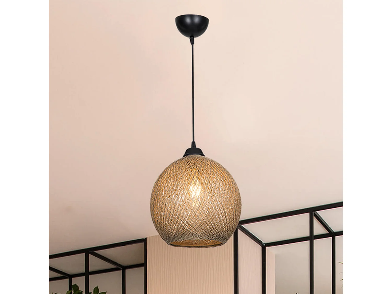 Suspension Lisburn corde de jute hauteur 65 cm E27 noir / naturel [lux.pro]
