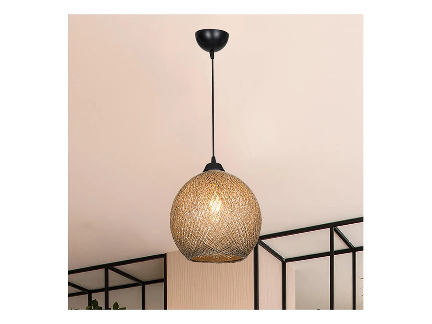 Suspension Lisburn corde de jute hauteur 65 cm E27 noir / naturel [lux.pro]