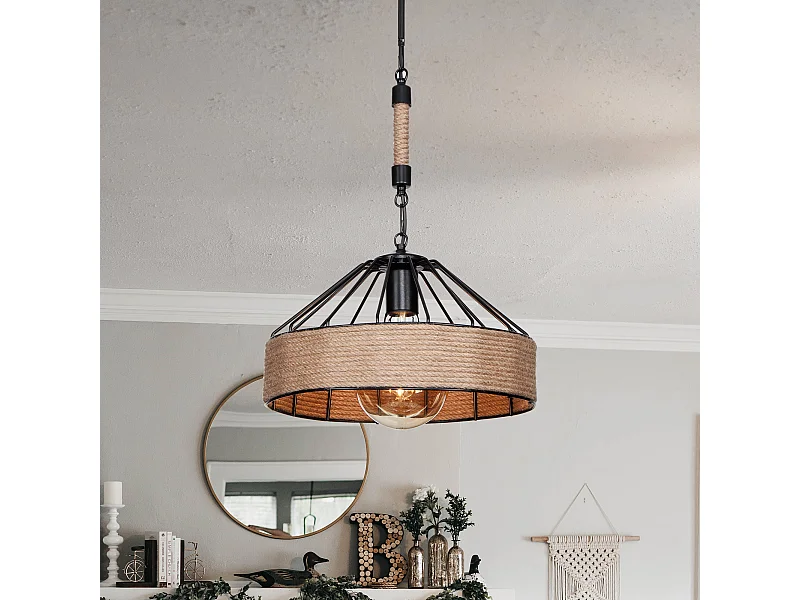 Suspension Bridgford en métal corde de jute 61 cm E27 noir / naturel [lux.pro]