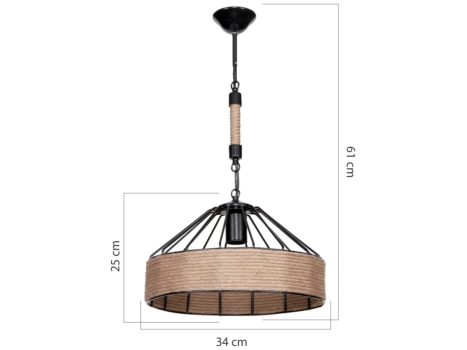 Suspension Bridgford en métal corde de jute 61 cm E27 noir / naturel [lux.pro]