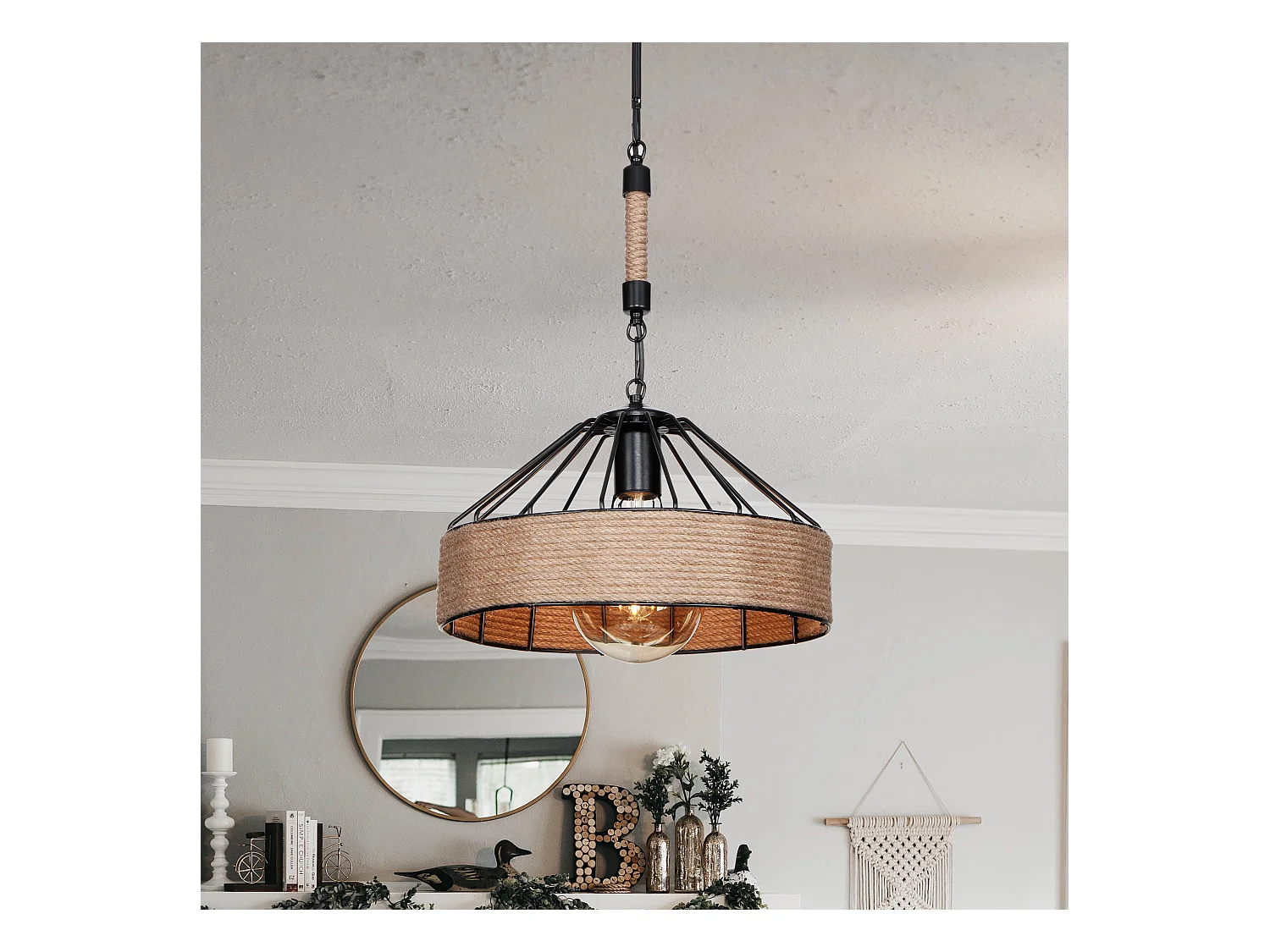 Suspension Bridgford en métal corde de jute 61 cm E27 noir / naturel [lux.pro]