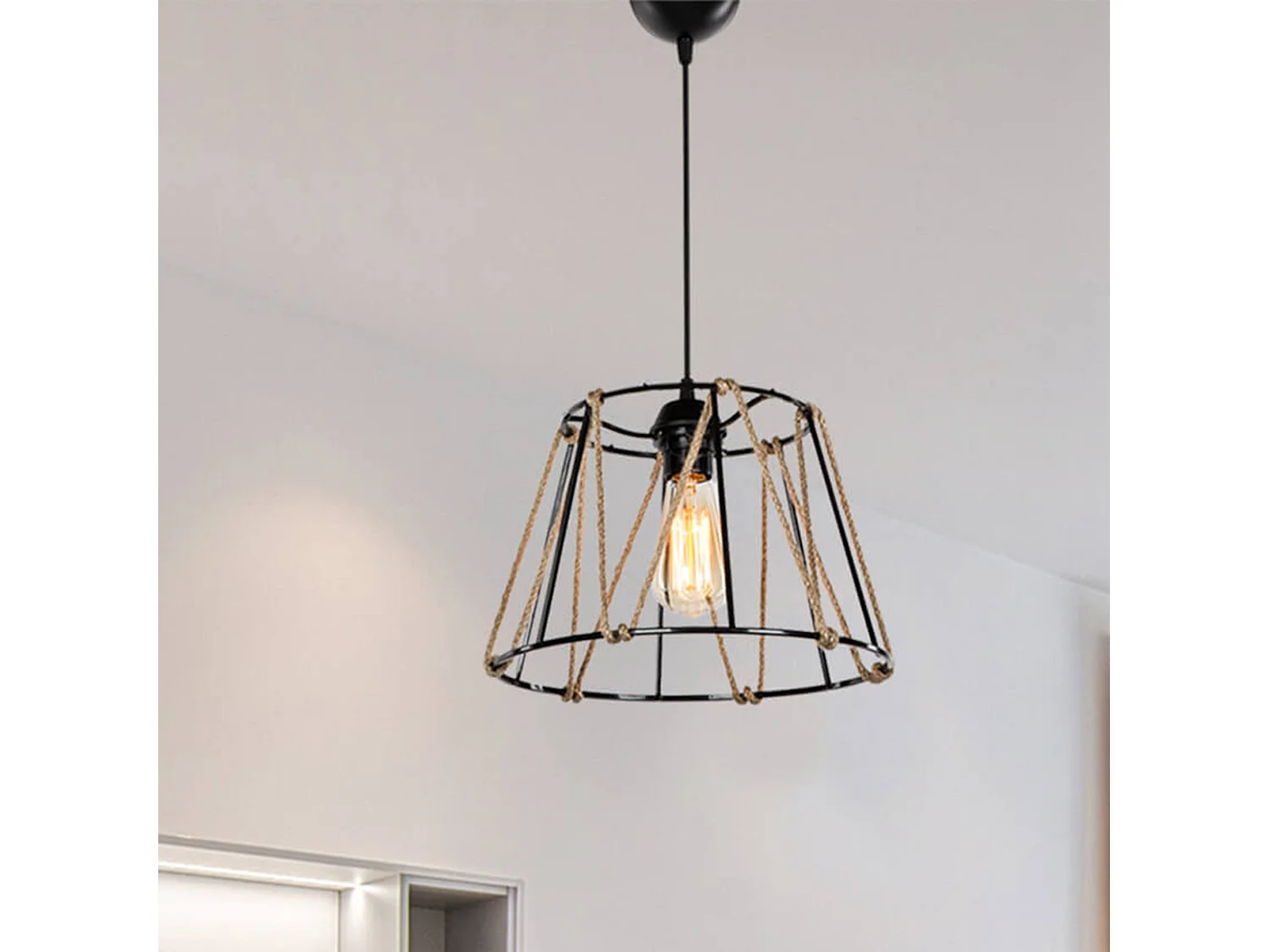 Suspension Halifax en ABS et corde de jute hauteur 60 cm E27 noir / naturel [lux.pro]