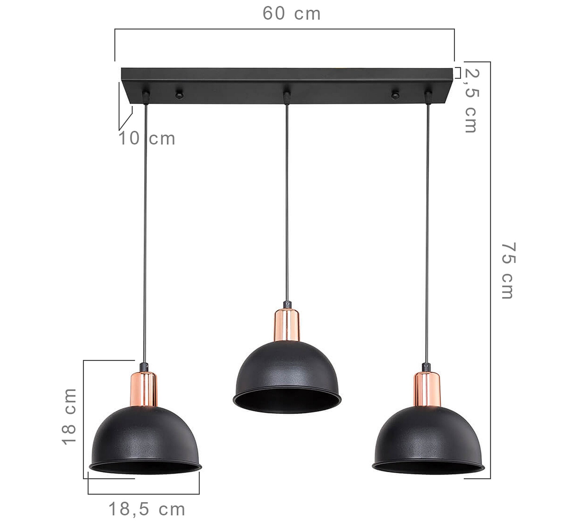 Suspension Basildon en métal 75 cm 3 x E27 noir / cuivre [lux.pro]
