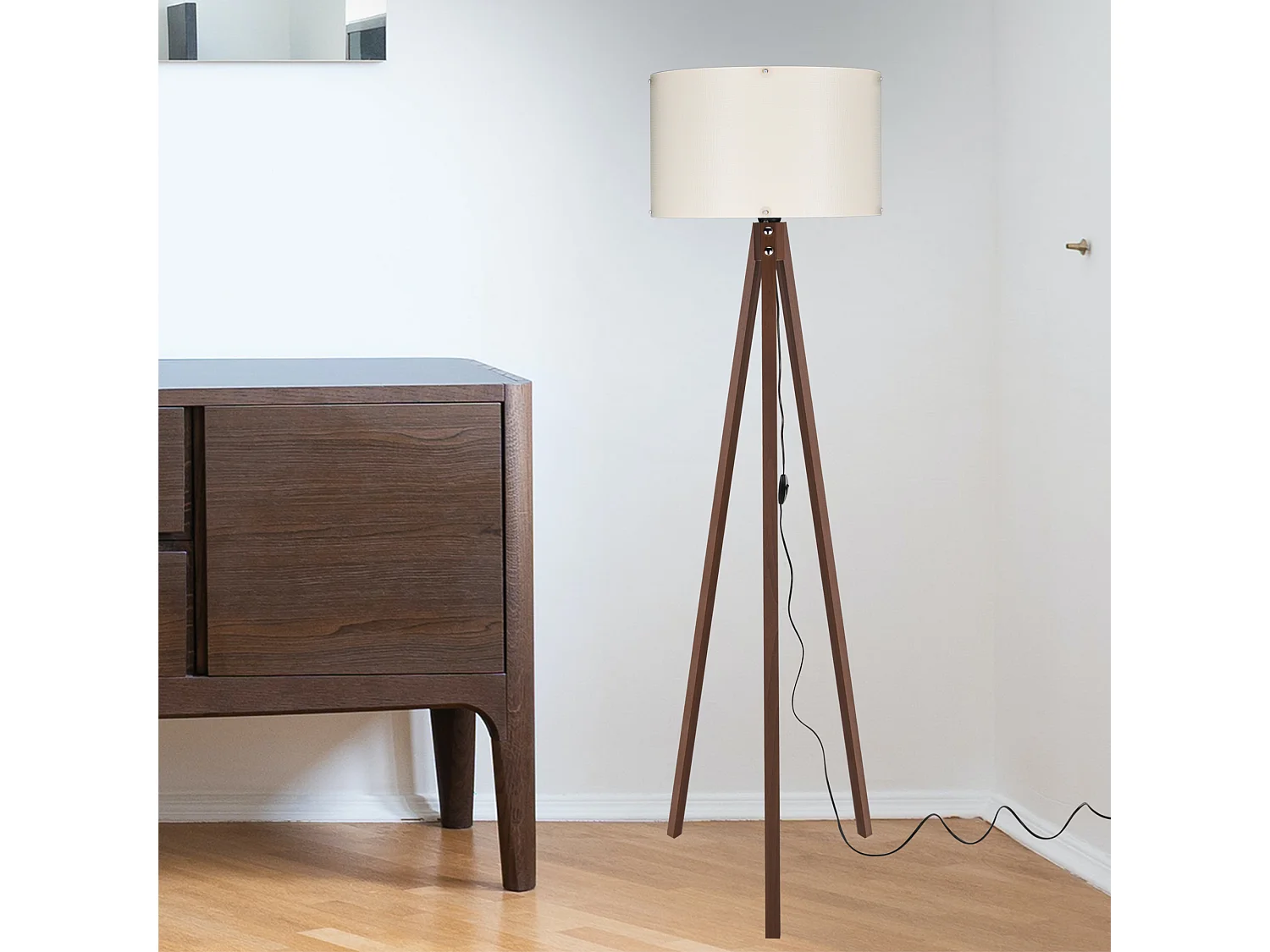 Lampadaire Guildford trépied hauteur 136 cm E27 effet noyer / crème [lux.pro]