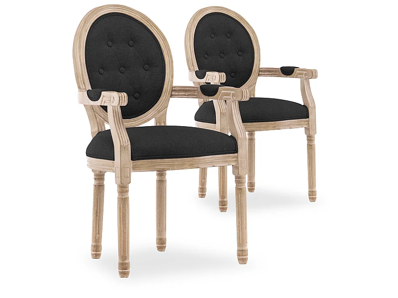 Lot de 2 fauteuils médaillon capitonnés Louis XVI tissu Noir