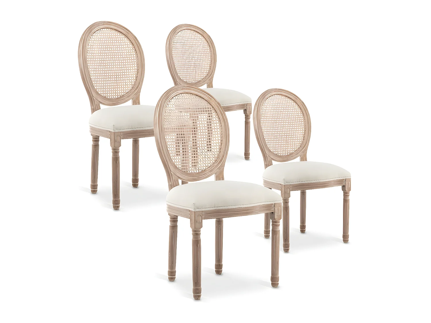 Lot de 4 chaises médaillon Louis XVI Cannage Rotin tissu Beige