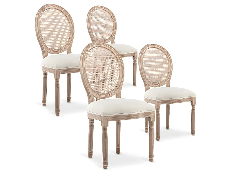 Lot de 4 chaises médaillon Louis XVI Cannage Rotin tissu Beige