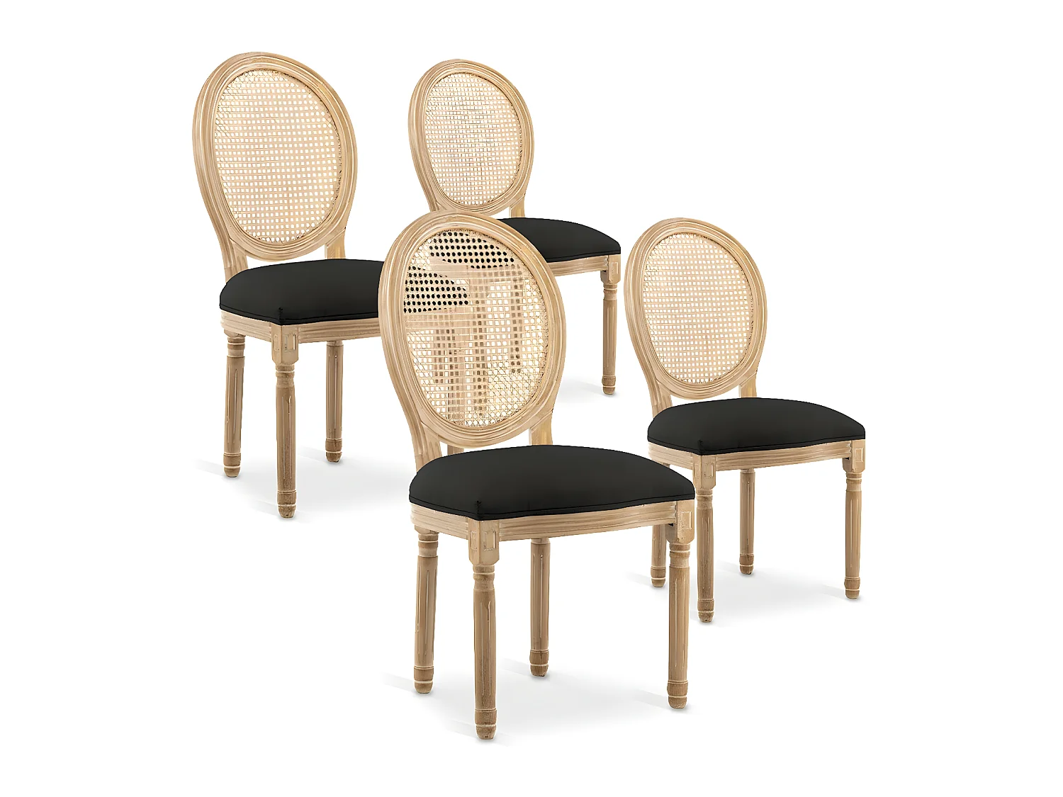 Lot de 4 chaises médaillon Louis XVI Cannage Rotin tissu Noir