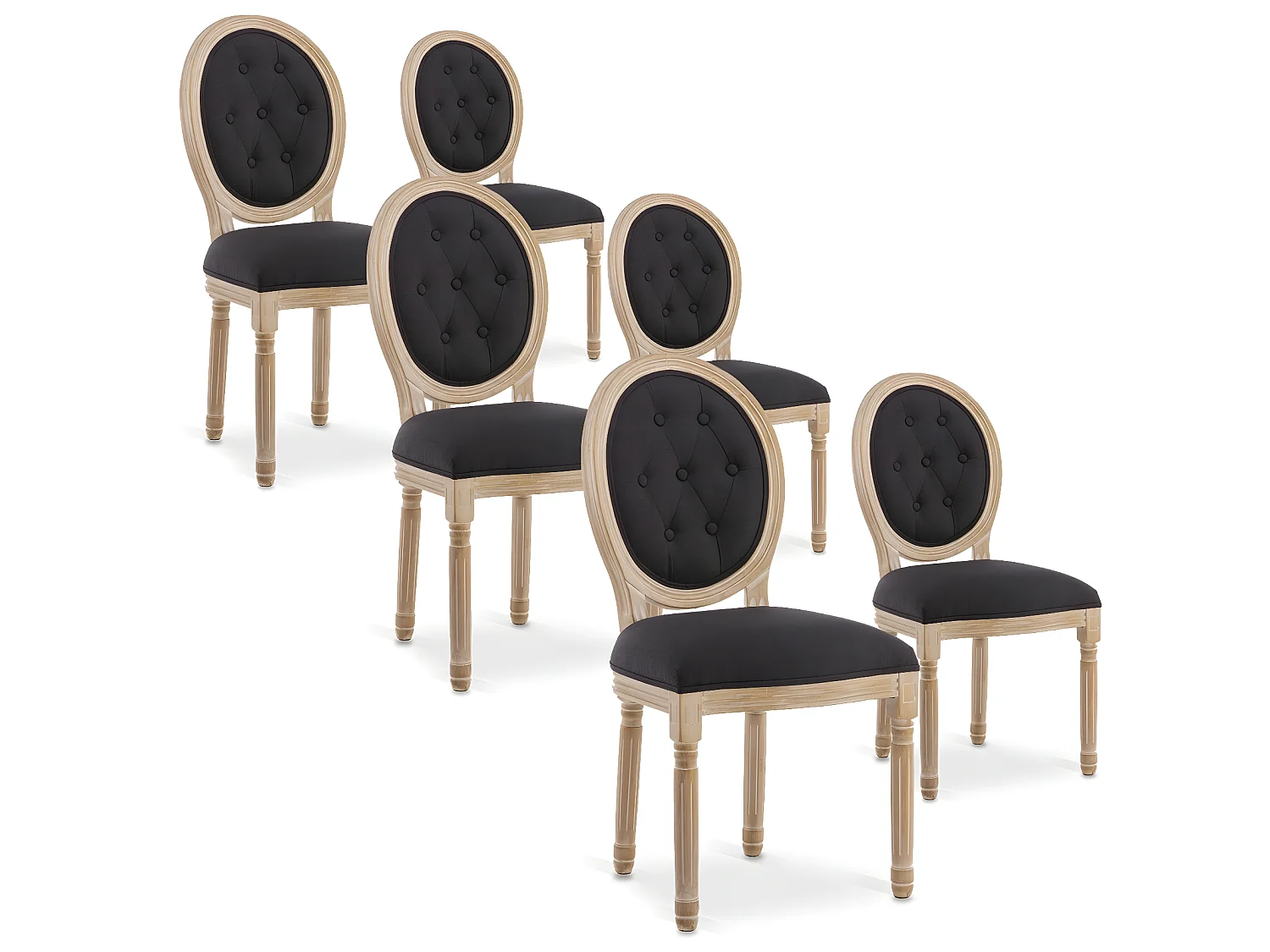 Lot de 6 chaises médaillon capitonnées Louis XVI tissu Noir