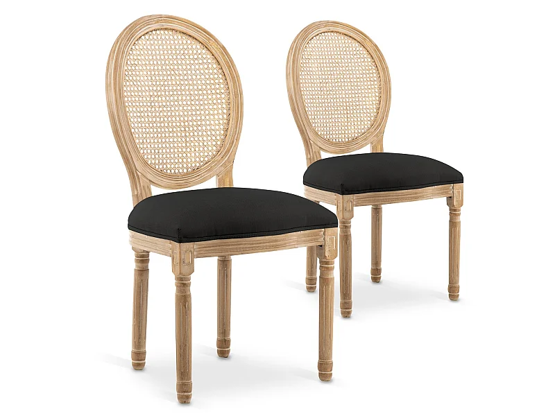 Lot de 2 chaises médaillon Louis XVI Cannage Rotin tissu Noir