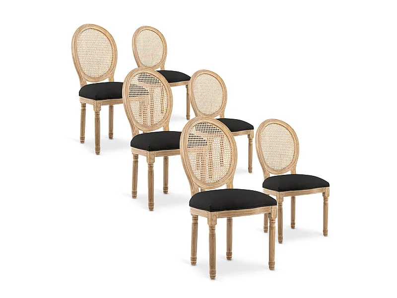 Lot de 6 chaises médaillon Louis XVI Cannage Rotin tissu Noir