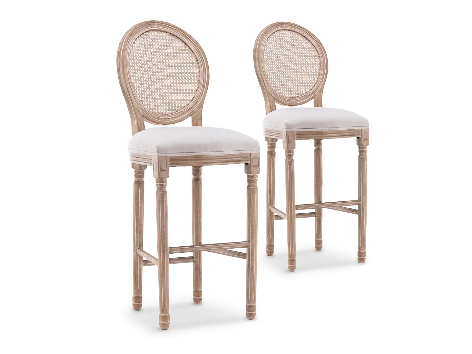 Lot de 2 chaises de bar médaillon Louis XVI cannage rotin tissu Beige